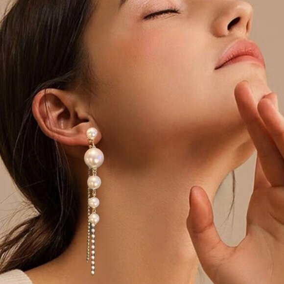 Gold Filled Simulation Pearl Long Drop Earrings - Picture 2 of 8